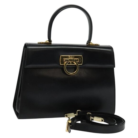 Salvatore Ferragamo Gancini Hand Bag Leather 2way Black Gold Auth - Picture 1 of 15